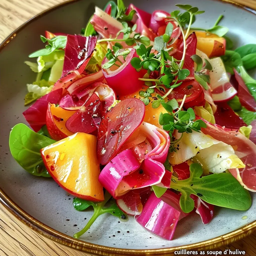 Close-up view of a colorful salad with red beets, sliced ham, and garnishes.