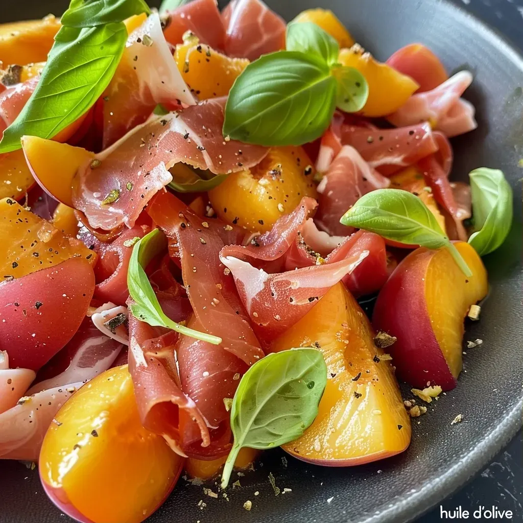 A colorful dish featuring roasted apricots, burrata, and slices of prosciutto.