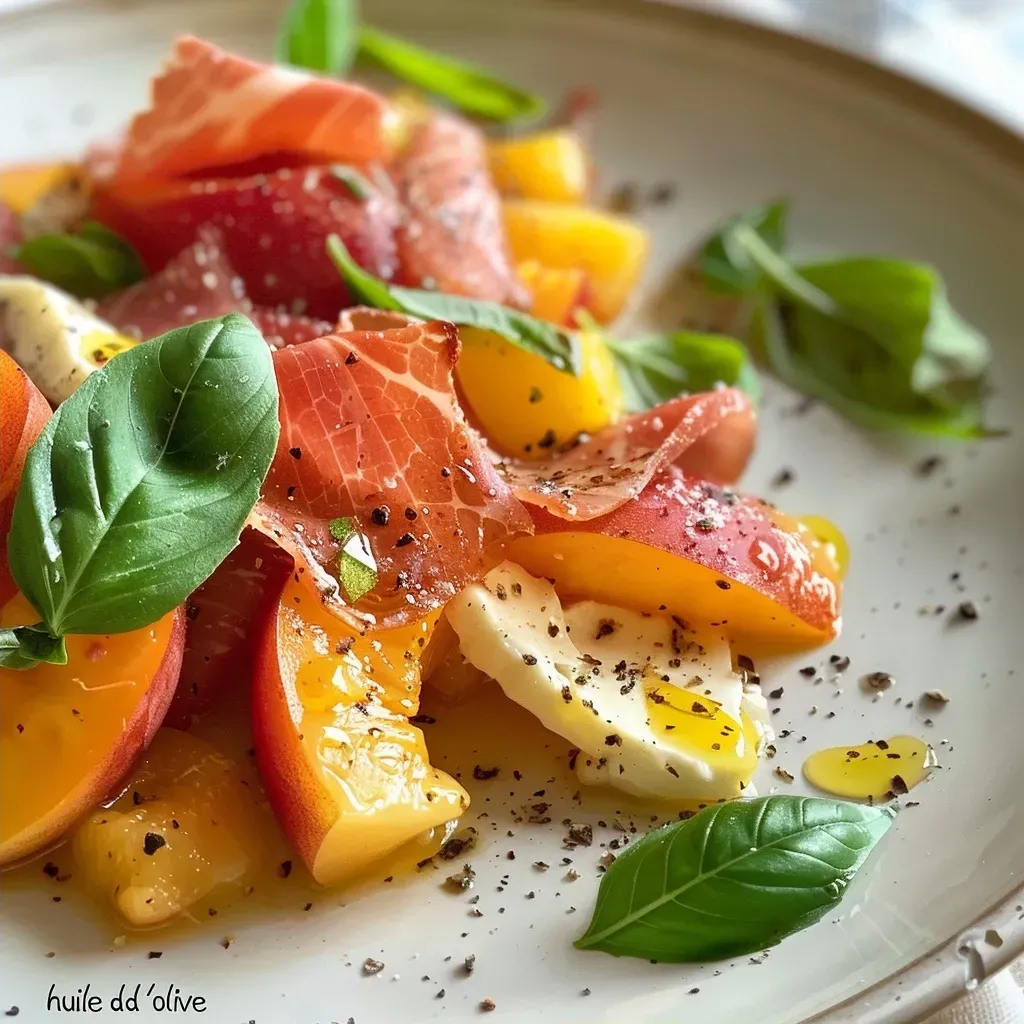 Close-up of a salad with juicy roasted apricots, creamy burrata, and ham.