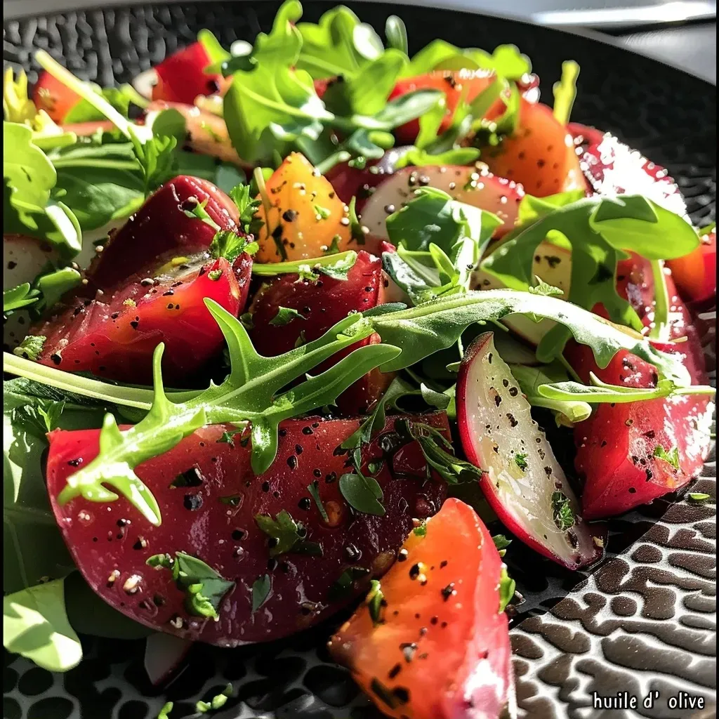 A vibrant close-up of beetroot salad topped with spicy sardines, garnished with parsley.