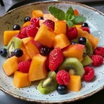 Close-up view of a vibrant summer fruit salad with strawberries, blueberries, peaches, and kiwi.