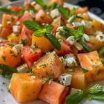 Close-up of a vibrant watermelon salad with feta, mint, and other ingredients.