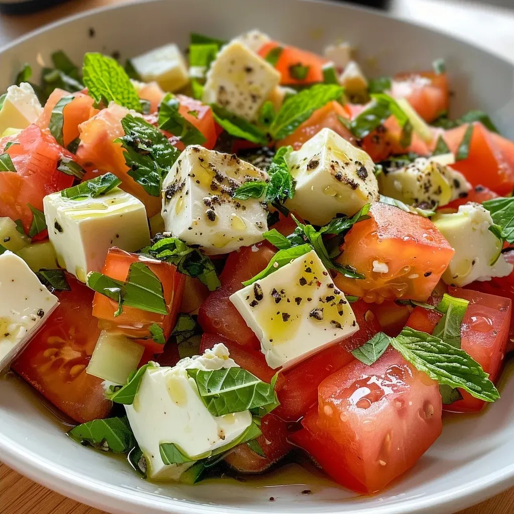 Side view of a fresh watermelon and feta salad, showcasing colorful ingredients.