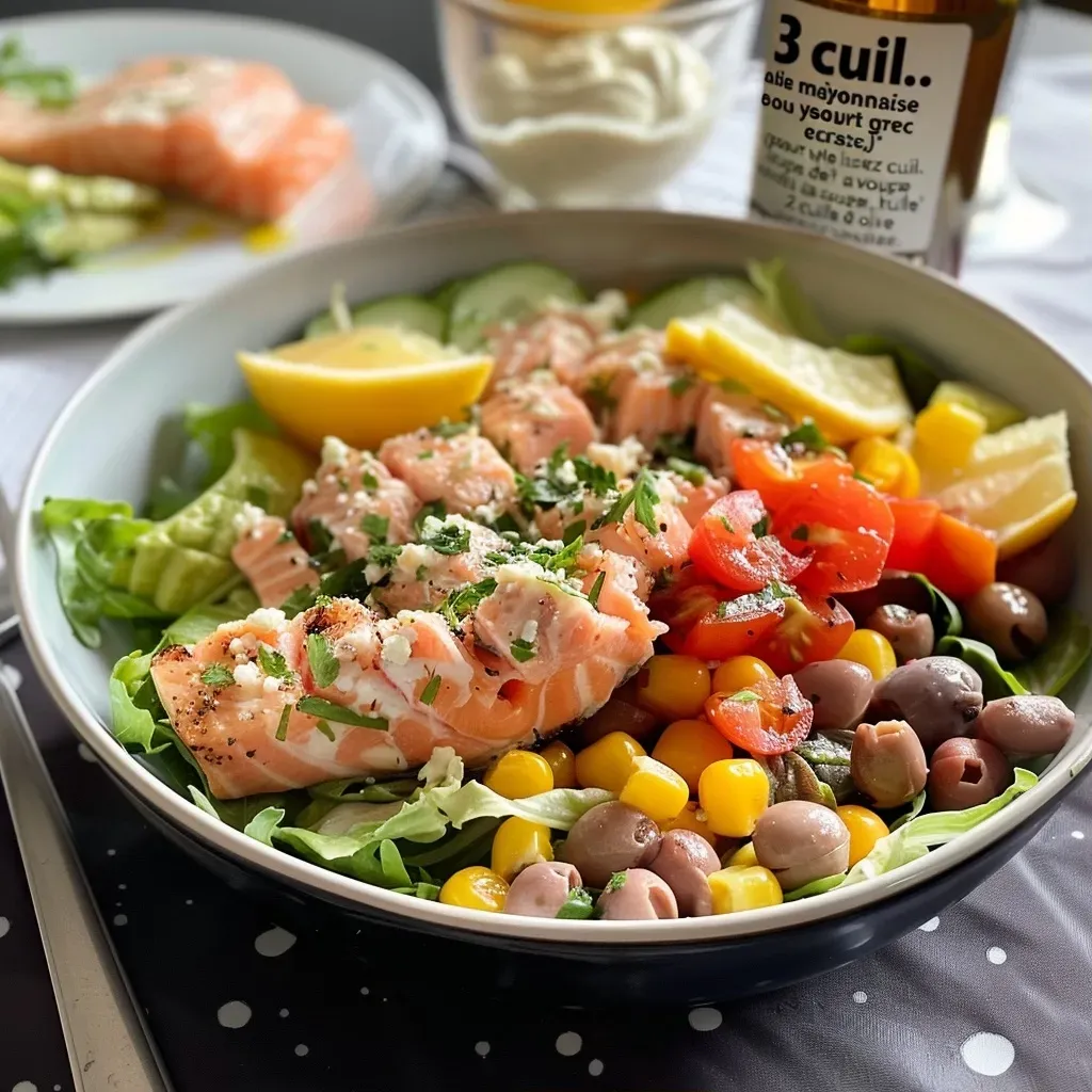 Close-up view of a vibrant salad with tuna, chickpeas, and fresh vegetables.