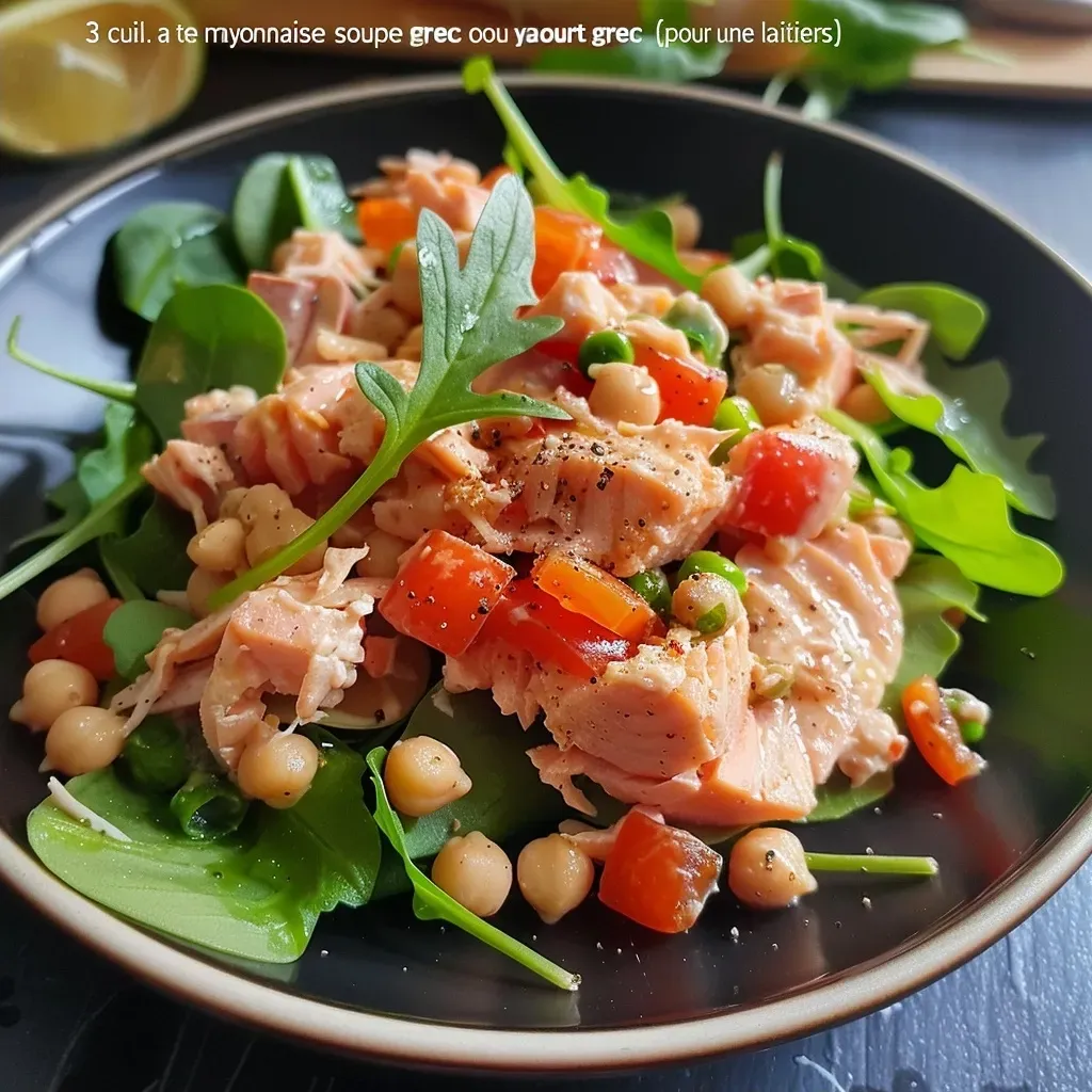 Colorful plate featuring a healthy tuna and chickpea salad with celery and onions.