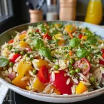 Close-up view of a colorful orzo salad with corn and fresh herbs.