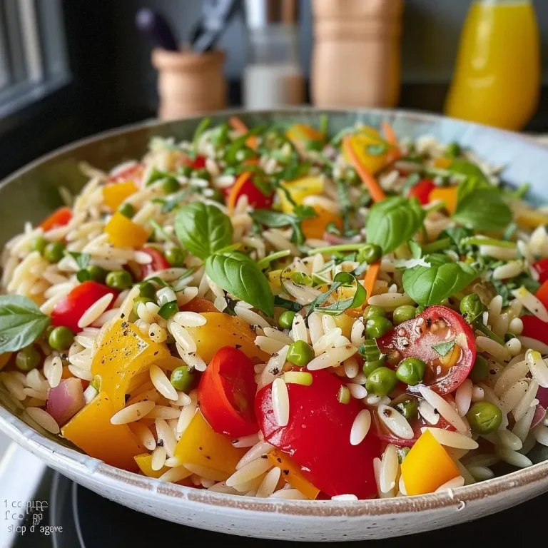 La salade d’orzo au maïs qui éveille vos papilles en un rien de temps Close-up view of a colorful orzo salad with corn and fresh herbs.