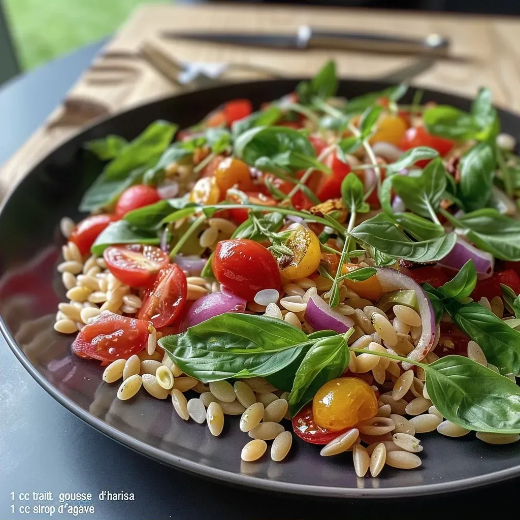 Bright and vibrant salad featuring orzo, corn, avocado, and herbs.