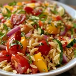 Close-up of a vibrant orzo salad with grilled vegetables.
