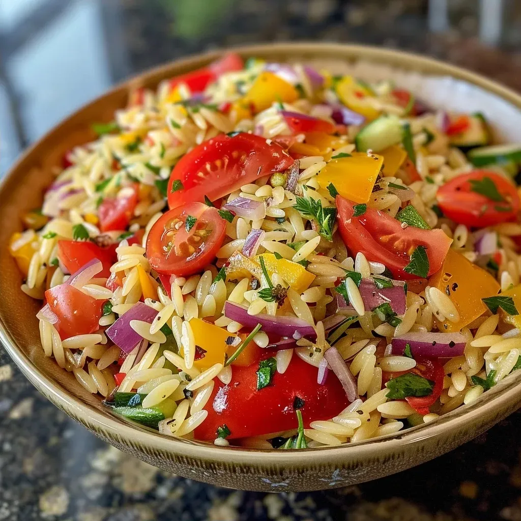 Colorful salad featuring orzo, tomatoes, and zucchini.