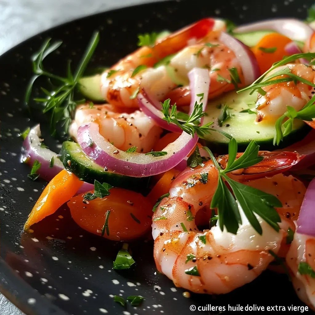 Side view of a vibrant watermelon and shrimp salad presented in a bowl.