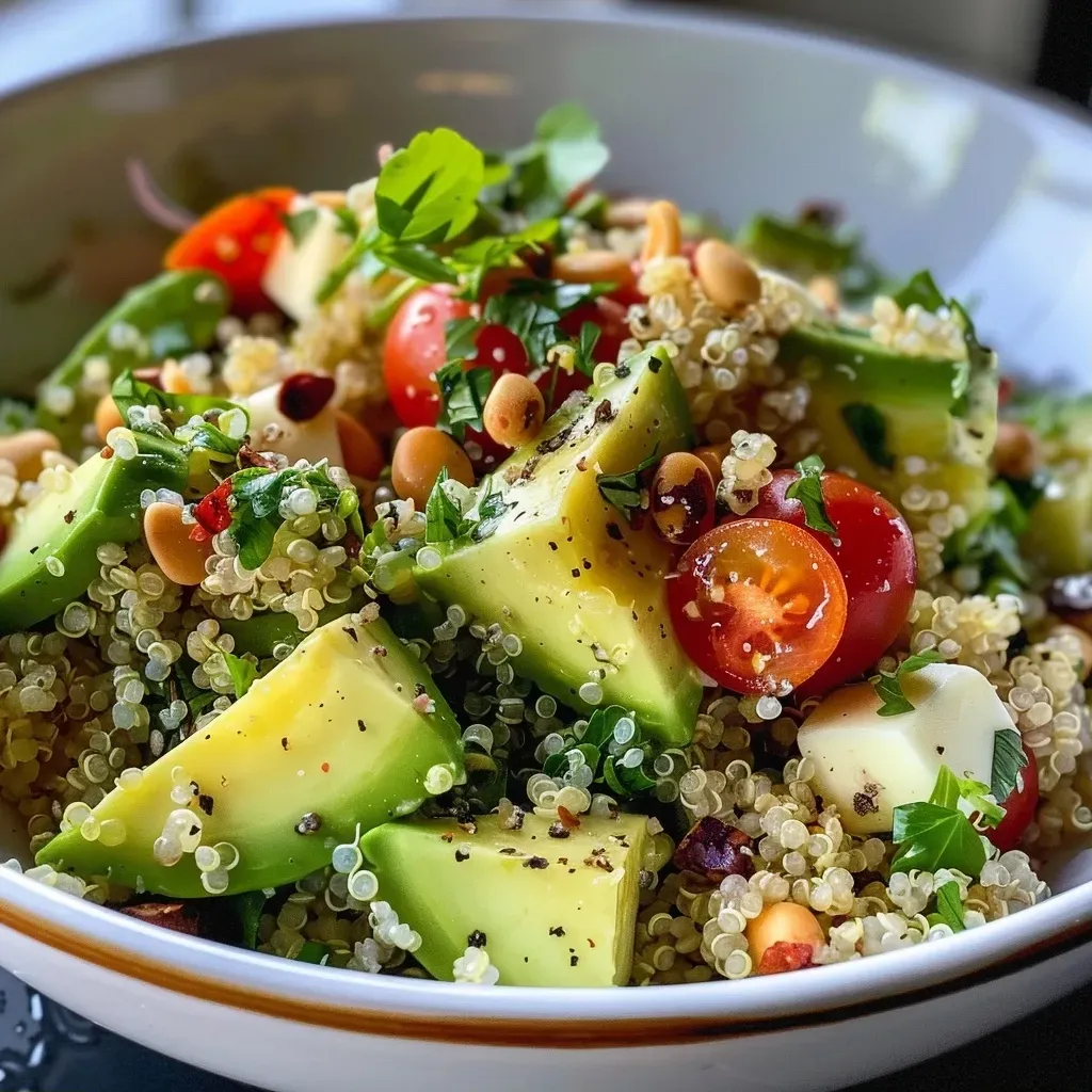 Close-up view of a colorful quinoa salad featuring ripe avocado and a soft-boiled egg.