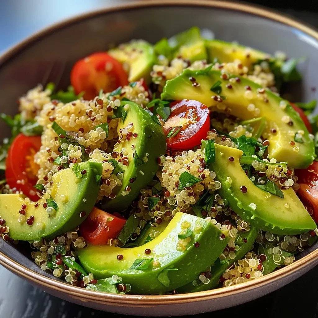 Close-up view of a colorful quinoa salad featuring ripe avocado and a soft-boiled egg.