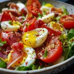 A vibrant salad featuring sliced tomatoes, cooked red beets, crispy prosciutto, and hard-boiled eggs.