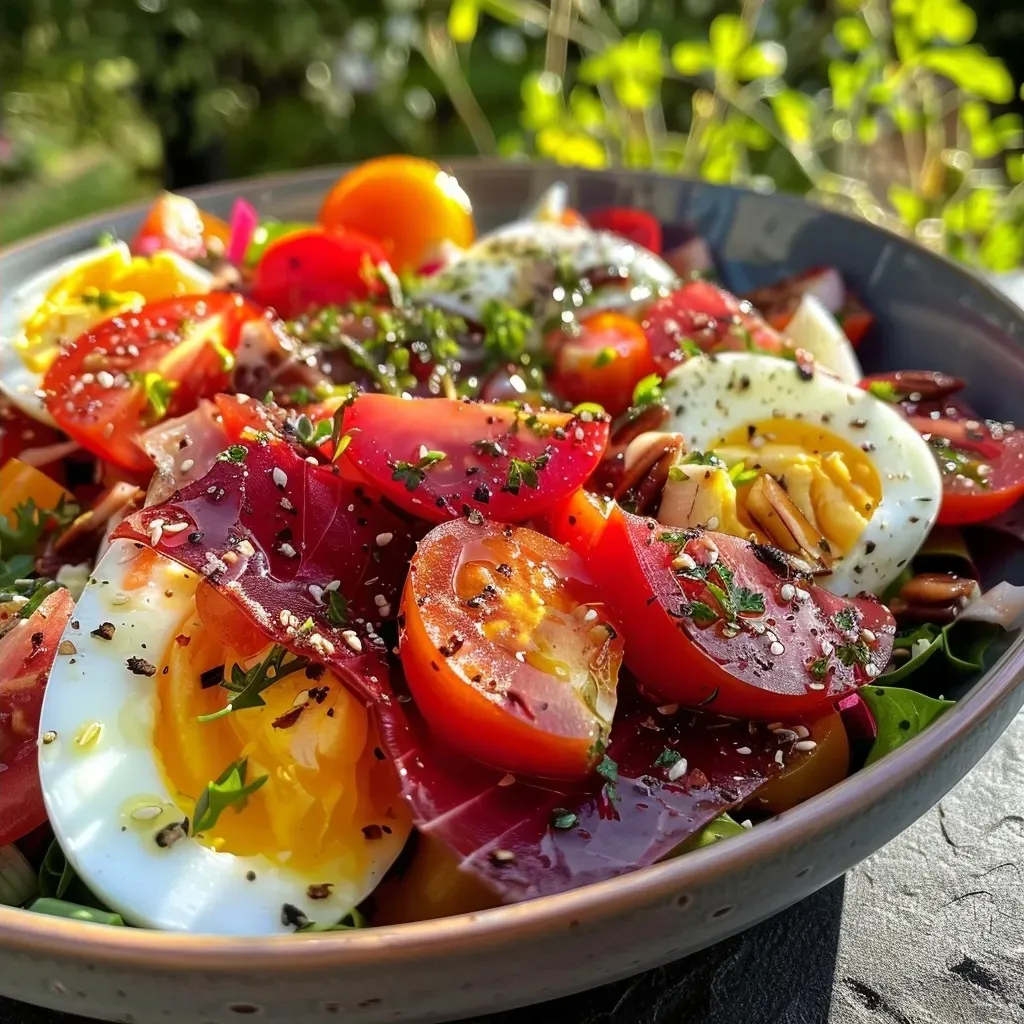 A close-up view of a colorful salad with fresh tomatoes, beets, ham, and egg, arranged artfully.