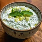 Close-up view of creamy tzatziki sauce in a bowl, garnished with fresh herbs.