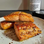 Juicy grilled salmon fillet with dark grill marks on the skin.