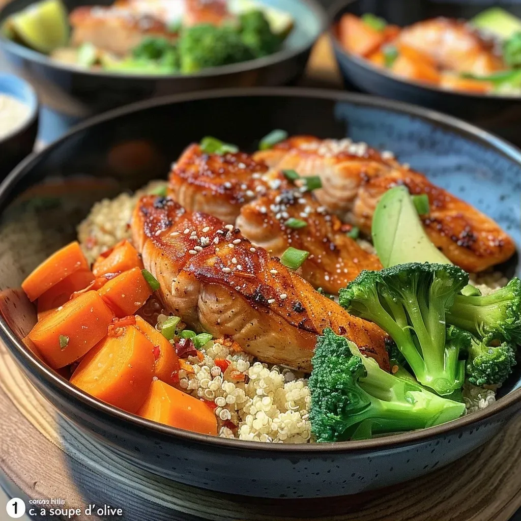 Close-up view of grilled salmon fillet topped with diced apricot salsa.