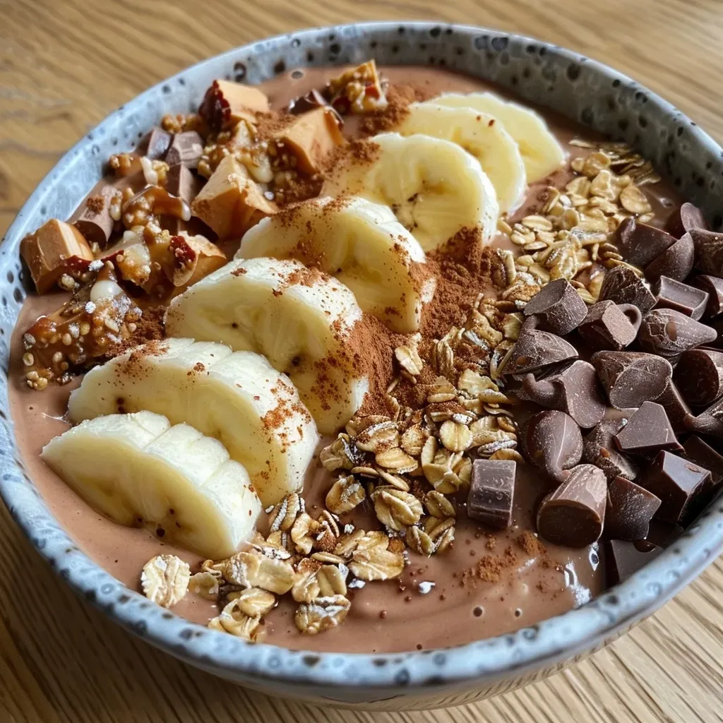 Close-up of a chocolate banana smoothie bowl topped with fruits and granola.