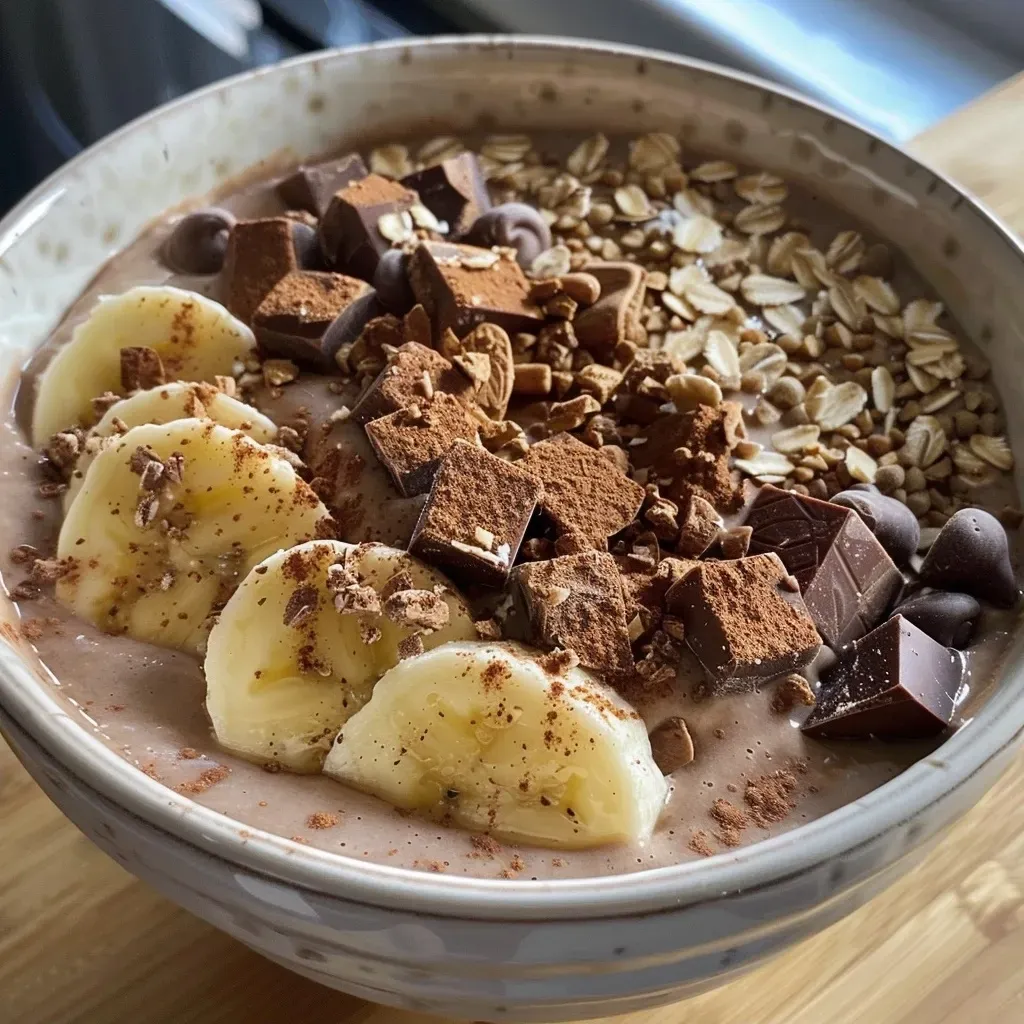 Side view of a thick, creamy smoothie bowl featuring chocolate and banana flavors.
