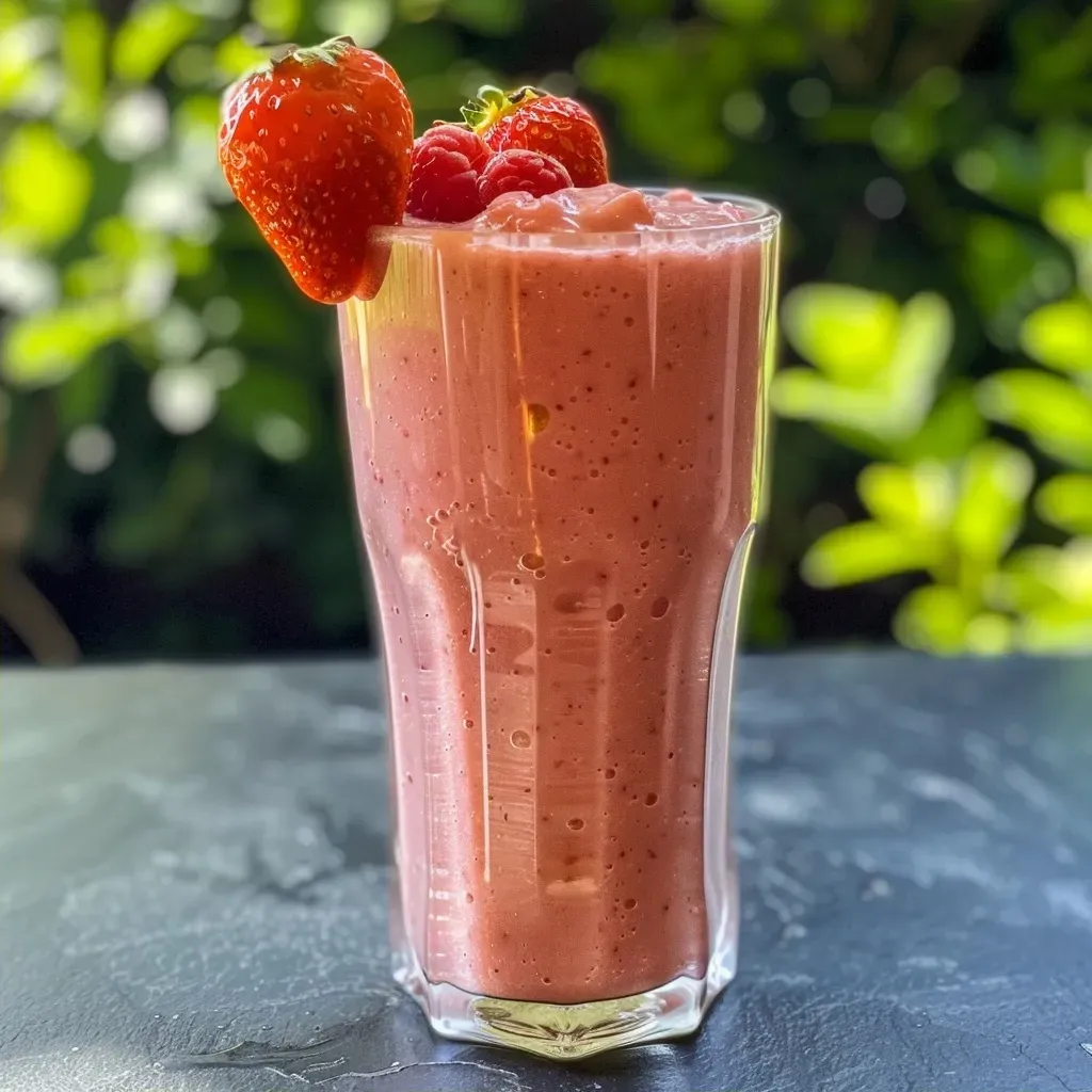 Side view of a juicy watermelon smoothie topped with fresh fruit and yogurt.