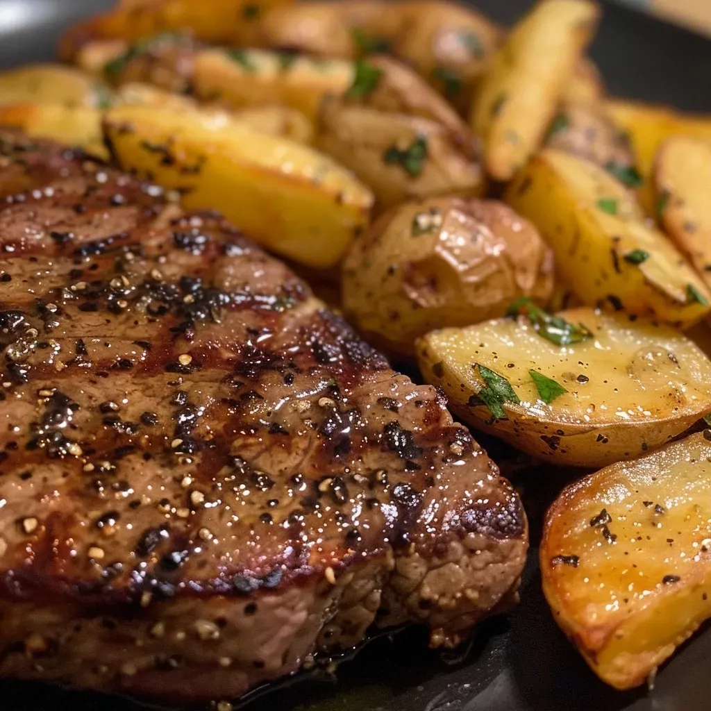Close-up view of a juicy steak haché served with crispy fries and a small bowl of béarnaise sauce.