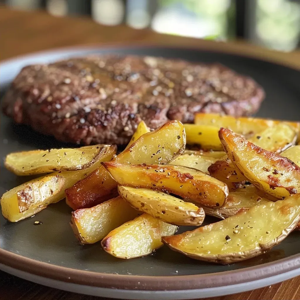 Side view of a plated steak haché with golden fries and a creamy sauce, showcasing the meal's textures.