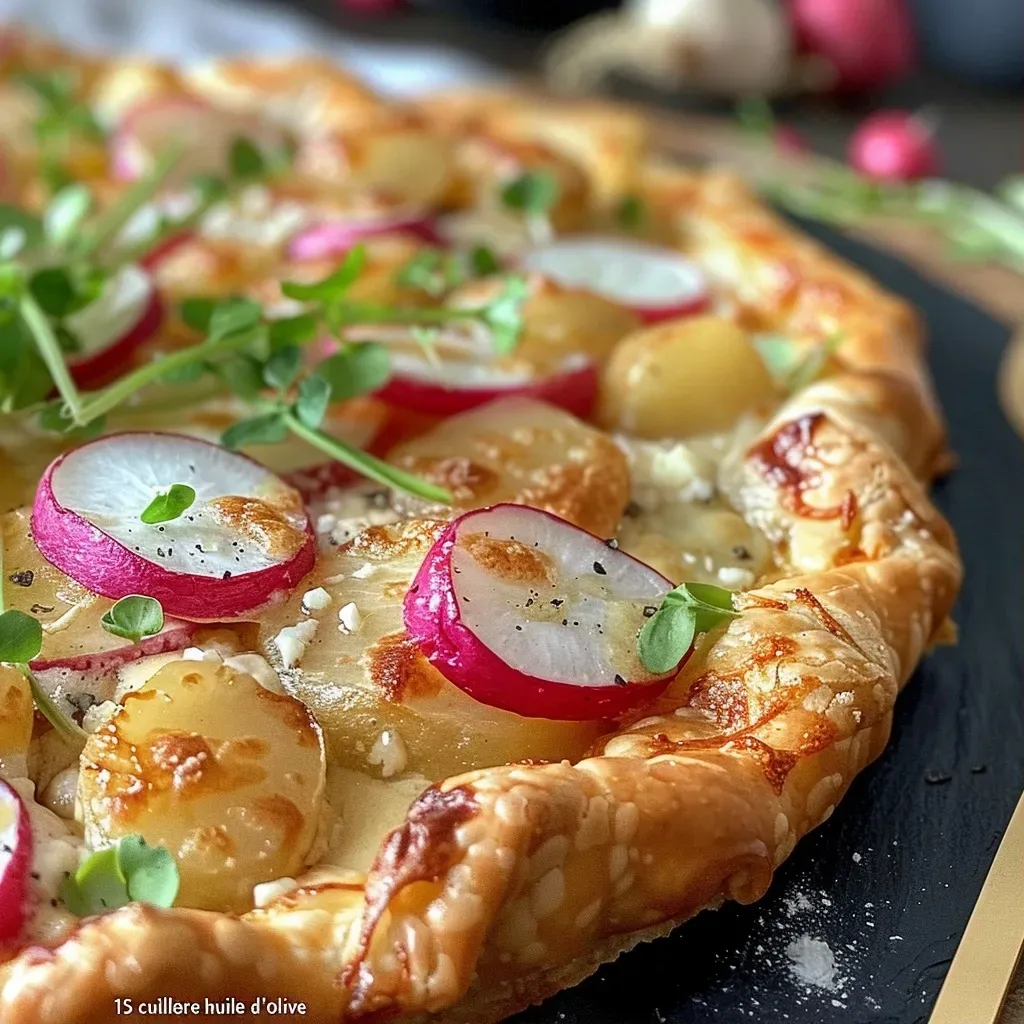 A close-up view of Tarte fine aux radis, showcasing a flaky pastry topped with fresh radishes and cheese.
