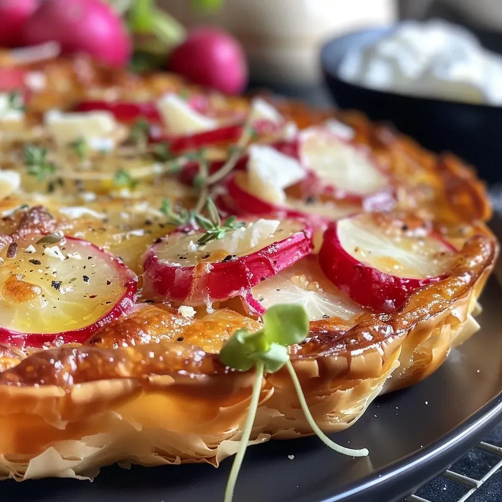 Side view of a delicious Tarte fine aux radis, highlighting its layers and vibrant radish garnish.