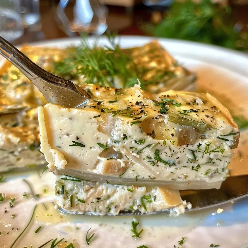 Side view of sliced terrine d'asperges garnished with herbs.