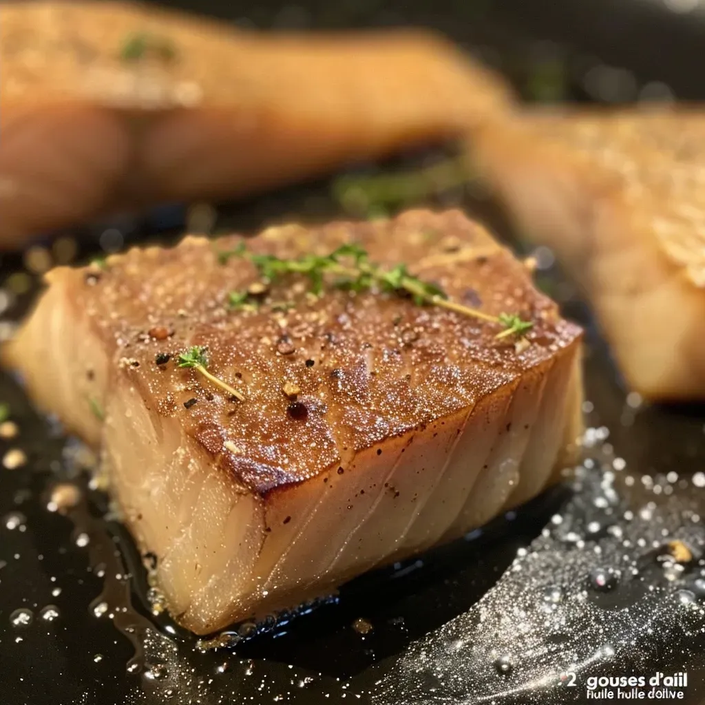 Side view of a succulent grilled tuna steak with garlic and herbs.