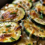 Close-up of a beautifully layered zucchini tian, showcasing vibrant green zucchini and golden cheese.