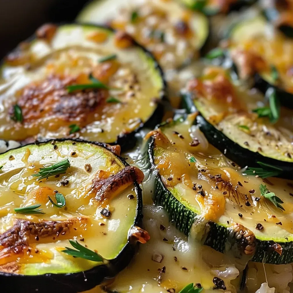 Close-up of a beautifully layered zucchini tian, showcasing vibrant green zucchini and golden cheese.