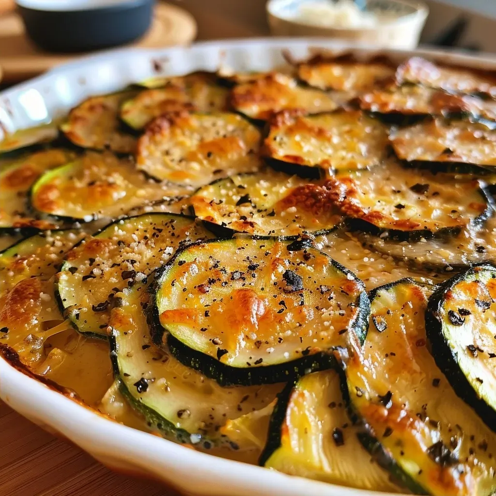Side view of a zucchini tian dish, highlighting its juicy texture and rich colors.