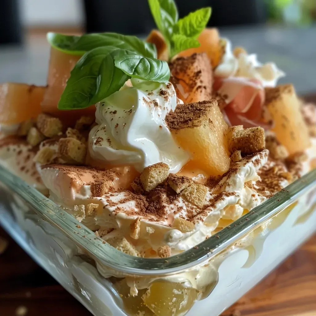 Close-up photo of a chic summer tiramisu featuring melon, cured ham, and fresh cheese in a glass.
