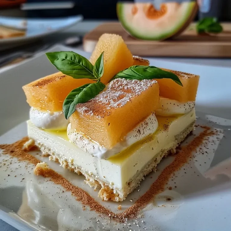 Le tiramisu estival qui allie fraîcheur et saveurs A close-up view of Tiramisu Estival with layers of melon, ham, and fresh cheese.