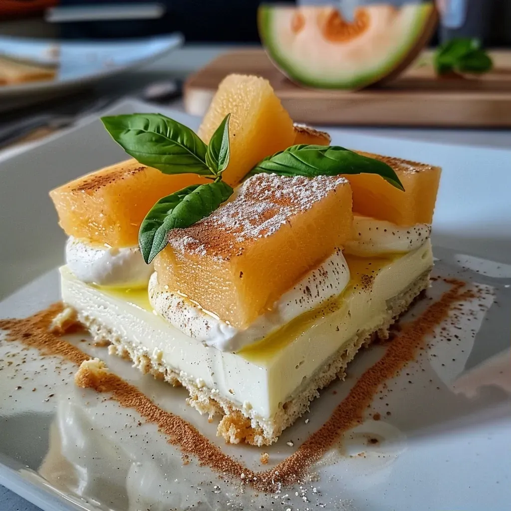 A close-up view of Tiramisu Estival with layers of melon, ham, and fresh cheese.