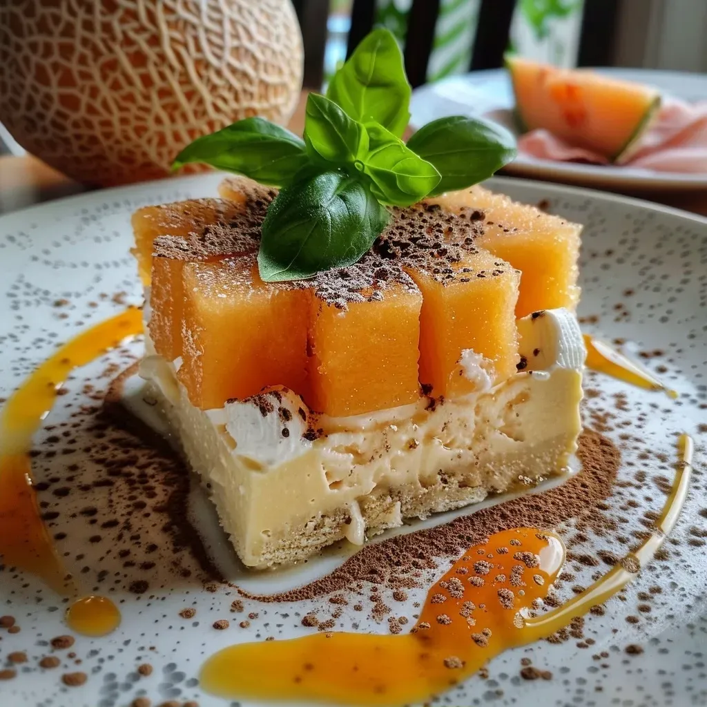 Side view of a layered dessert featuring melon, cracker biscuits, and prosciutto.