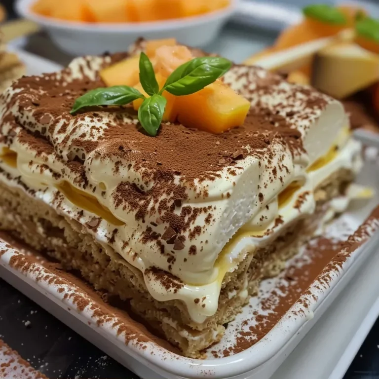 A close-up view of a savory tiramisu featuring layers of melon, ham, and fresh cheese.