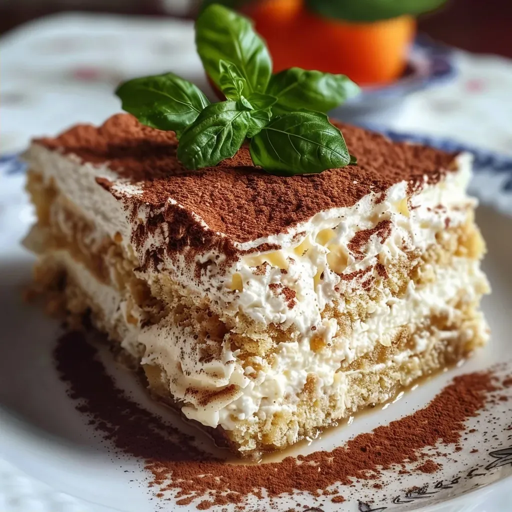 Side view of a delicious tiramisu with layers of orange and green melon, topped with basil leaves.