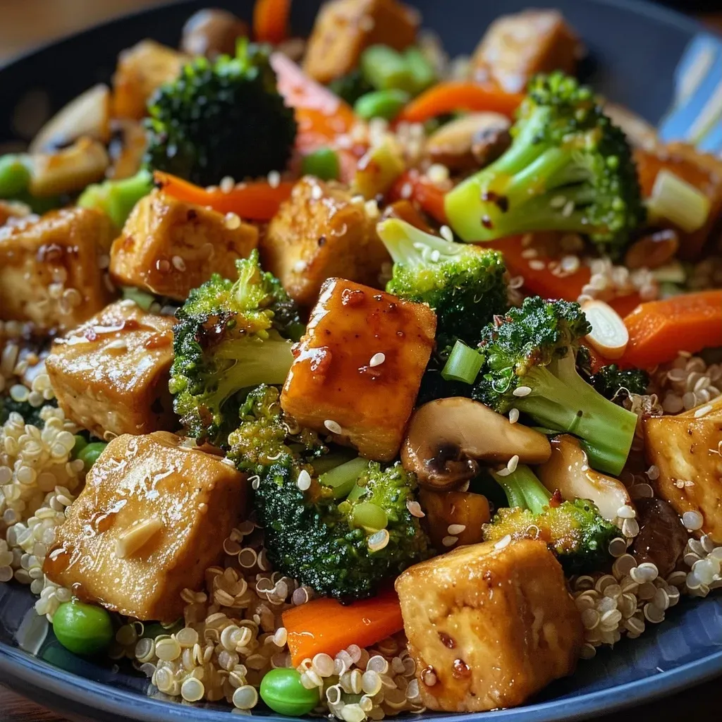 Close-up view of a tofu quinoa stir fry featuring vibrant vegetables.