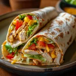 Close-up view of a golden, crispy wrap with visible fillings.