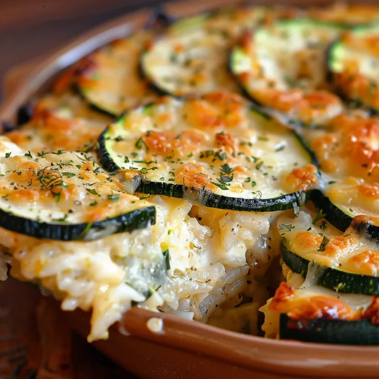Le gratin de courgettes au riz qui cuit tout seul en un rien de temps Juicy gratin of zucchini and rice displayed in a bowl, showcasing a golden crust.