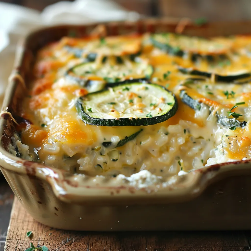 Close-up view of baked zucchini and rice gratin, with a bubbly cheese layer on top.