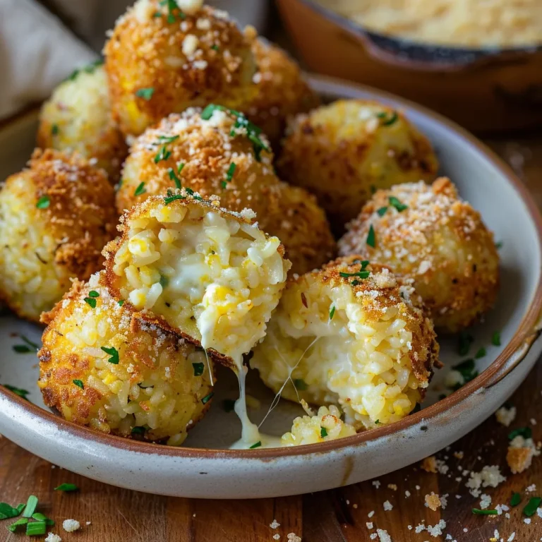 Close-up view of golden-brown risotto balls filled with melted mozzarella.