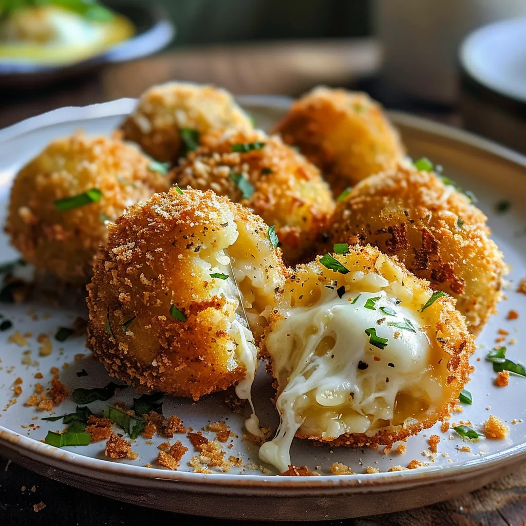 Side angle photo showcasing crispy rice balls with a gooey cheese center.