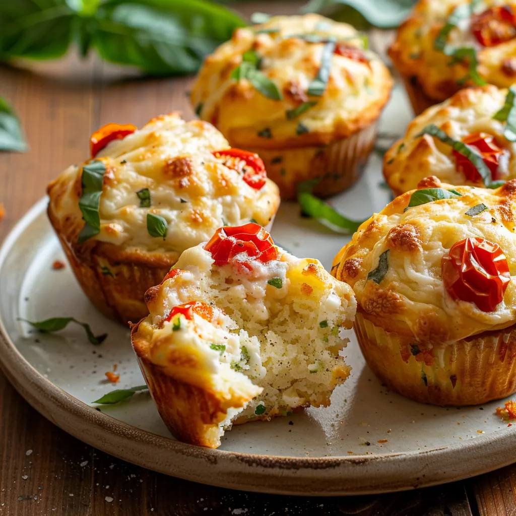 Close-up of Italian savory muffins with tomatoes and mozzarella.