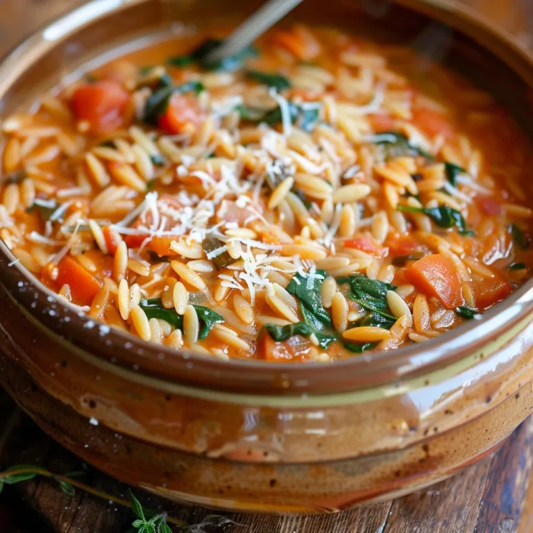Close-up view of creamy orzo pasta with fresh spinach and carrots in a bowl.