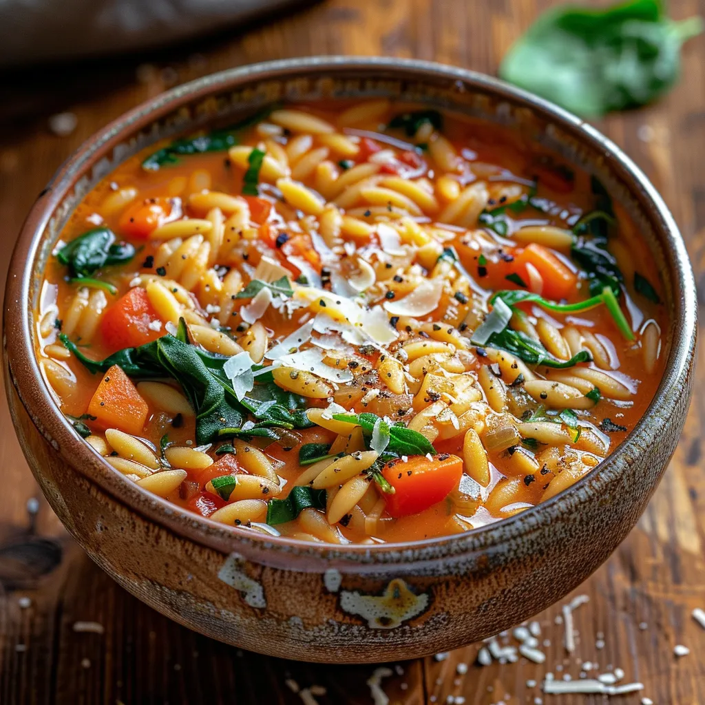 Side view of a delicious orzo dish featuring spinach and tomatoes served in a bowl.