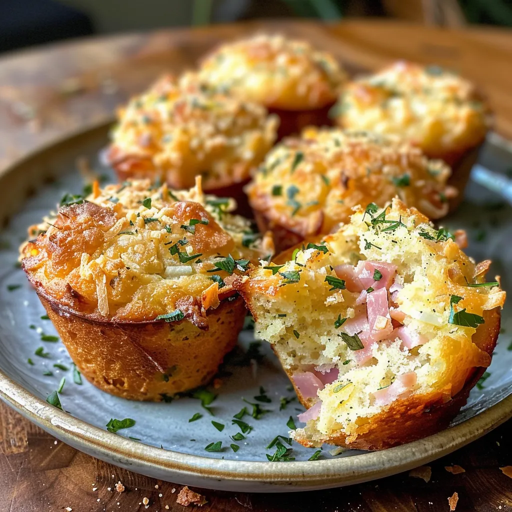 Side view of juicy muffins with visible chunks of ham and cheese, freshly made in an air fryer.